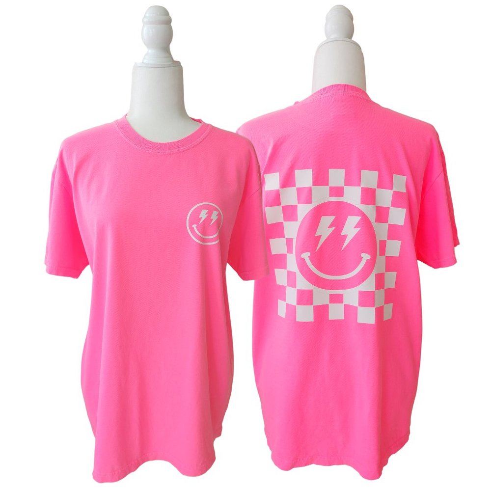 Neon Pink Smiley Face Checkerboard Lightning Bolt T-Shirt - Picture 6 of 10